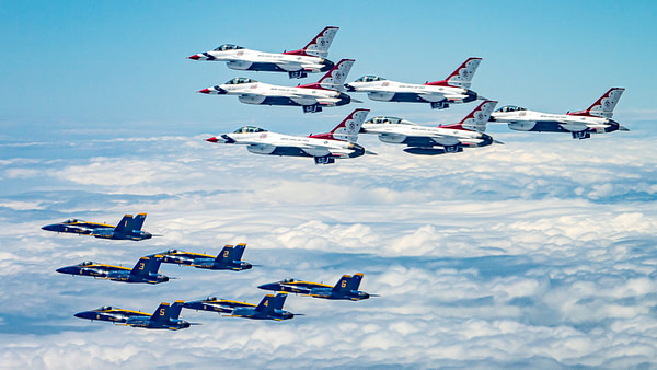 US Air Force Thunderbirds and US Navy Blue Angels Joint Formation Over New York City - AirshowStuff