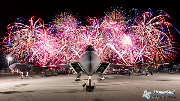 F-22 Raptor, F-35 Lightning II, and P-38 Lightning Under Fireworks - EAA AirVenture Oshkosh 2015