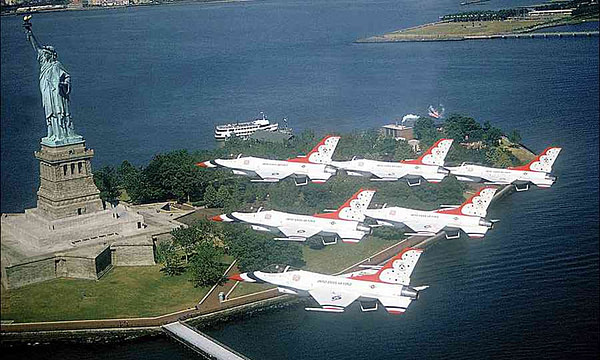 USAF Thunderbirds Flyover Statue of Liberty in New York City