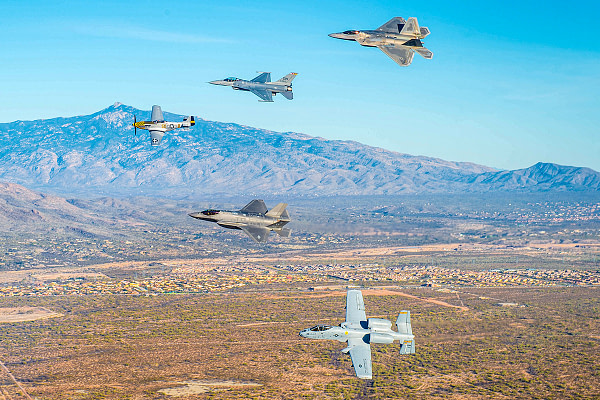 Five-Ship USAF Heritage Flight Formation - P-51 Mustang, F-35 Lightning II, F-16 Fighting Falcon, A-10 Thunderbolt II, F-22 Raptor - AirshowStuff