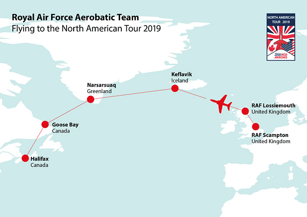 RAF Red Arrows North American Tour 2019 Transatlantic Trip Map