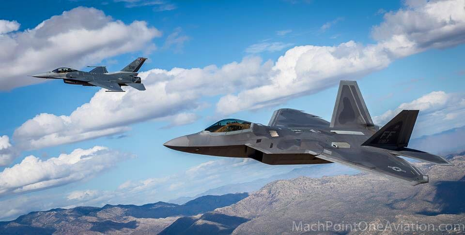 F-22 Raptor and F-16 Fighting Falcon Air to Air - USAF Heritage Flight